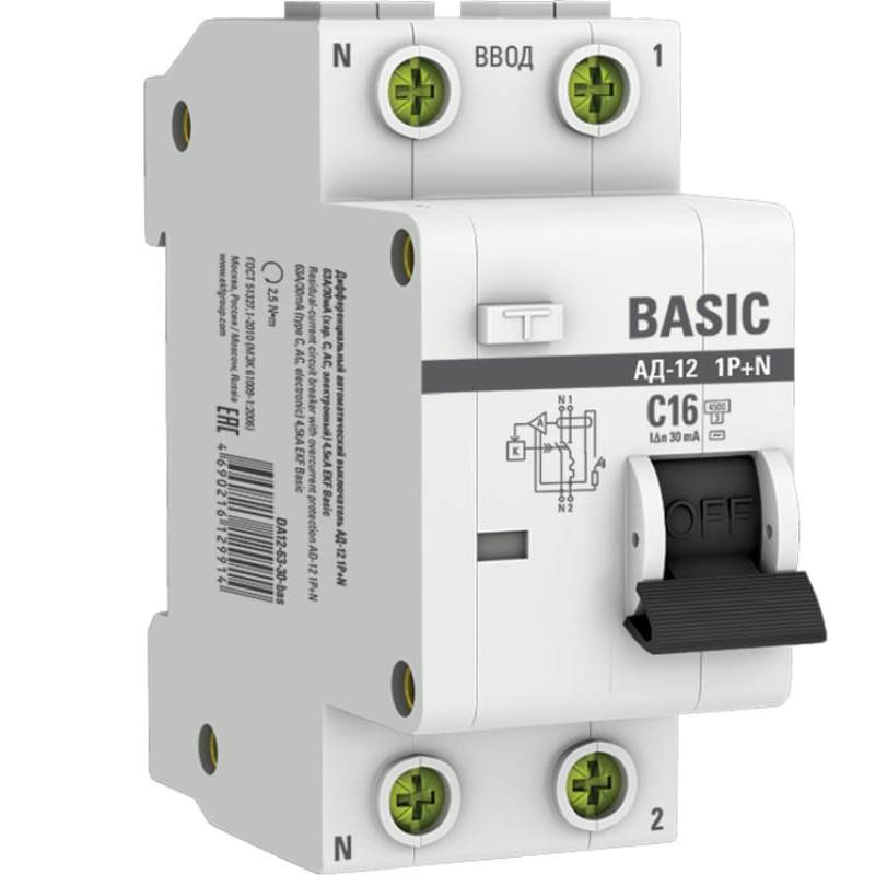 Выключатель автоматический дифференциального тока EKF Basic АД-12 DA12-16-30-bas 16А 30мА 4.5кА