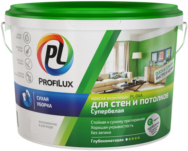 Краска акриловая Profilux PL-04А для стен и потолка супербелая 14 кг