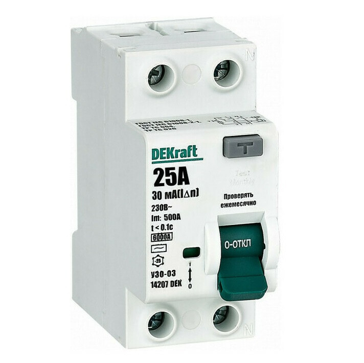 Автоматический выключатель дифференциального тока DEKraft 14207DEK 2 п 25А 30мА тип AC 6кА