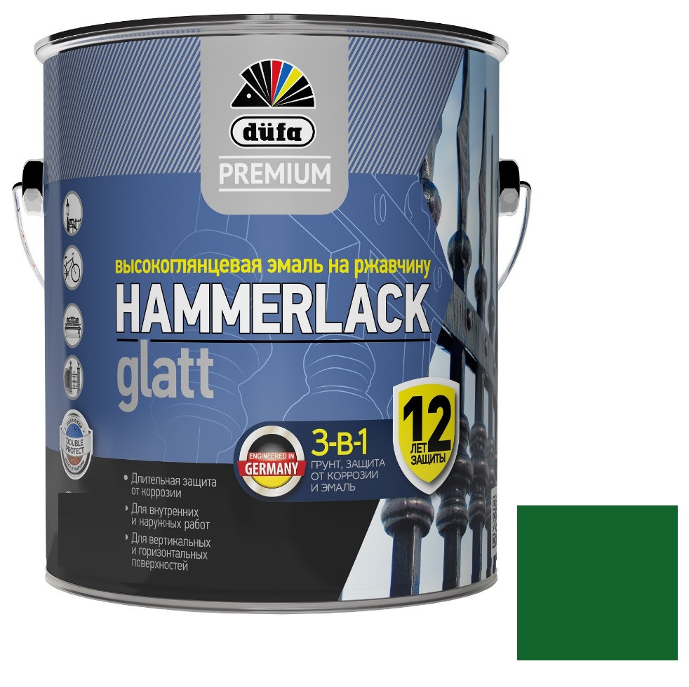 Эмаль по ржавчине Dufa Premium Hammerlack 3 в 1 гладкая RAL 6005 зеленый мох 0,75 л