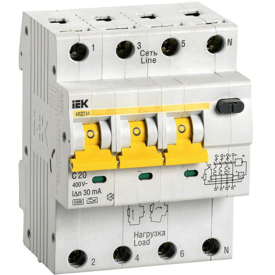 Автоматический выключатель дифференциального тока IEK АВДТ34 4п C20 30мА MAD22-6-020-C-30