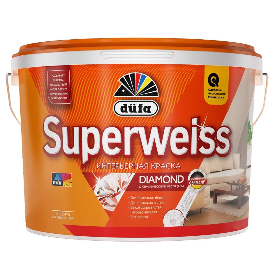 Краска для стен и потолков водно-дисперсионная Dufa Superweiss RD4 глубокоматовая белая 9 л