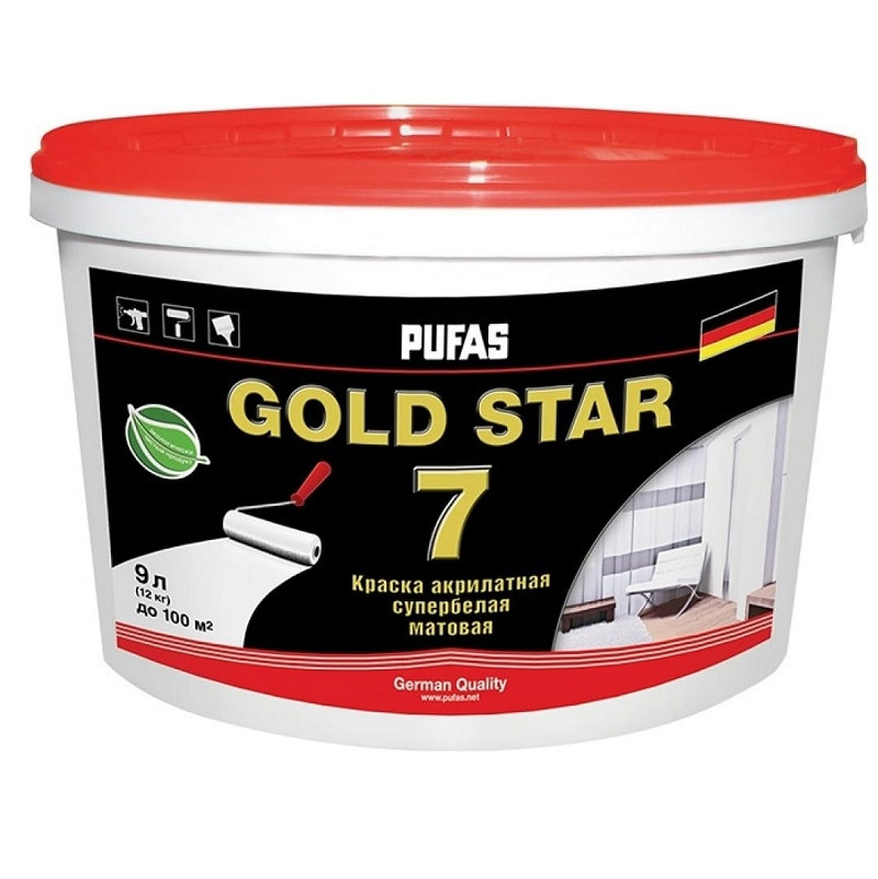 Краска акрилатная Pufas Gold Star 7 А морозостойкая матовая супербелая 9 л /11,9 кг