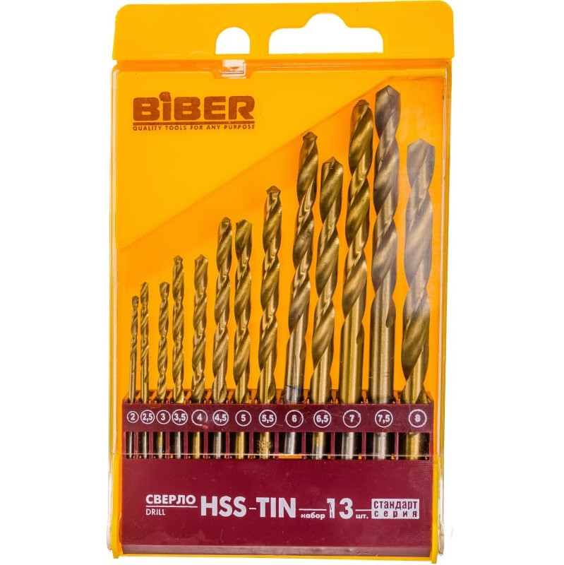 Набор сверл по металлу Biber 74133 HSS-TIN Стандарт 2-8 мм 13 штук