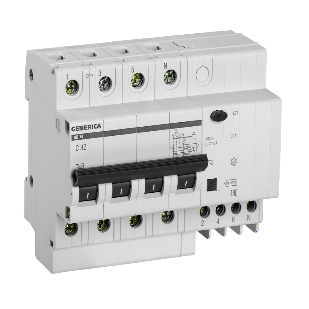 Автоматический выключатель дифференциального тока IEK Generica АД14 4Р 32А 30мА C
