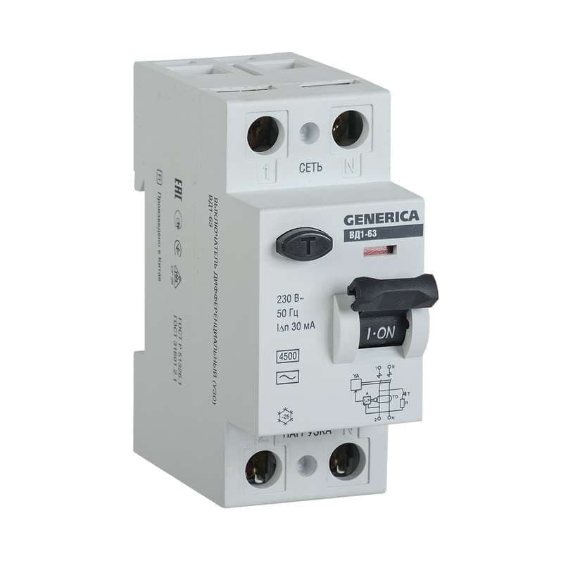 Автоматический выключатель дифференциального тока IEK Generica MDV15-2-032-030 (УЗО) 2п 32А 30мА тип AC ВД1-63 GENERICA