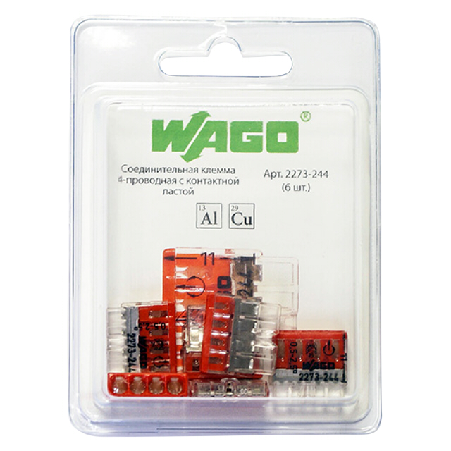 соединительная клемма WAGO, 4-х проводная, 0,5-2,5 кв.мм, с контактной пастой, 6 шт