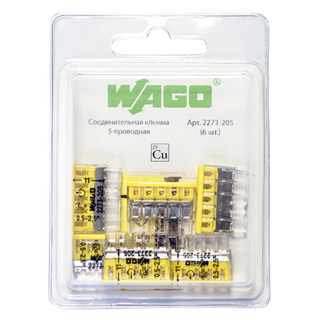 соединительная клемма WAGO, 5-ти проводная, 0,5-2,5 кв.мм, без контактной пасты, 6 шт