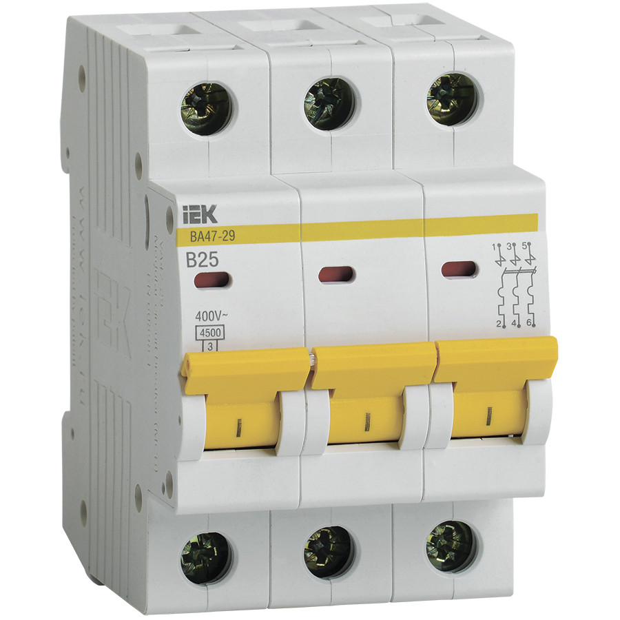 Автоматический выключатель IEK MVA20-3-025-B ВА47-29 3Р 25А 4,5кА х-ка В