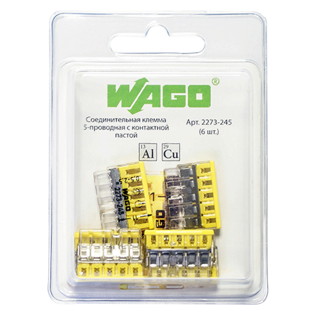 соединительная клемма WAGO, 5-ти проводная, 0,5-2,5 кв.мм, с контактной пастой, 6 шт