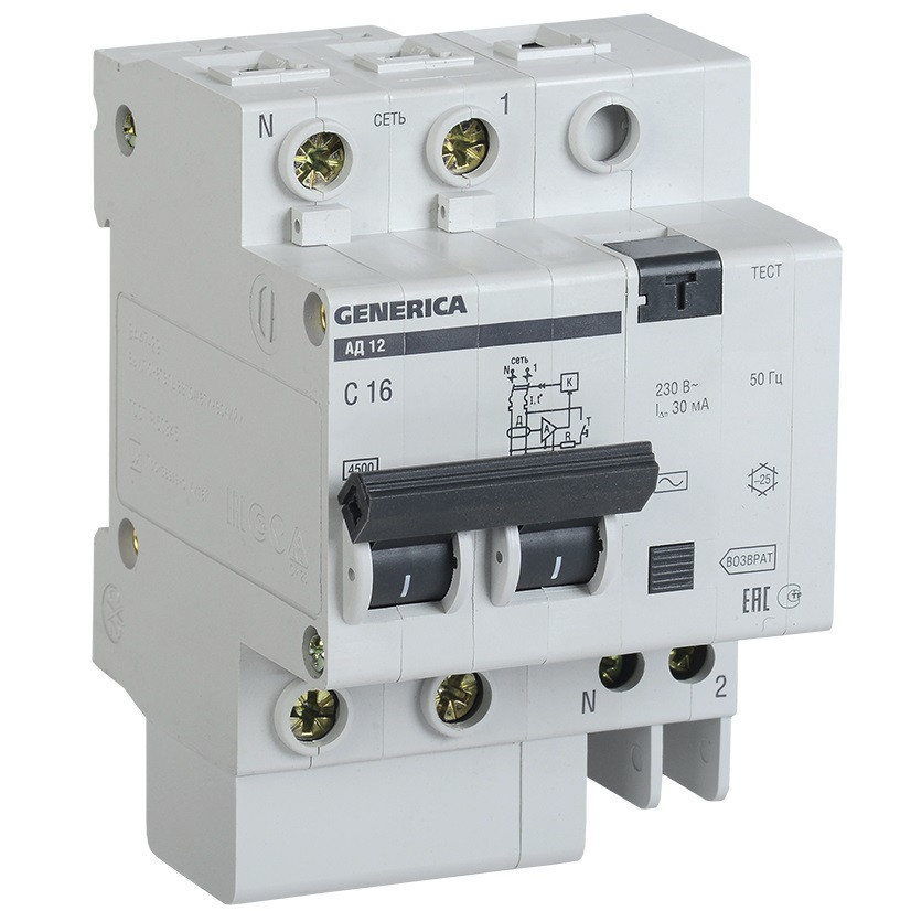 Автоматический выключатель дифференциального тока IEK Generica АД12 2Р MAD15-2-016-C-030