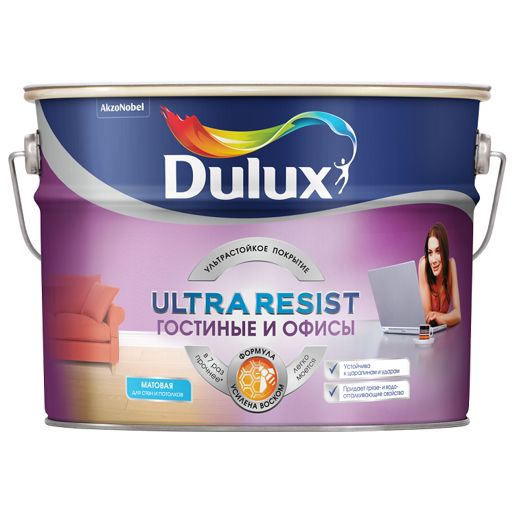 Краска Dulux Ultra Resist для гостиной и офиса база BW матовая 9 л