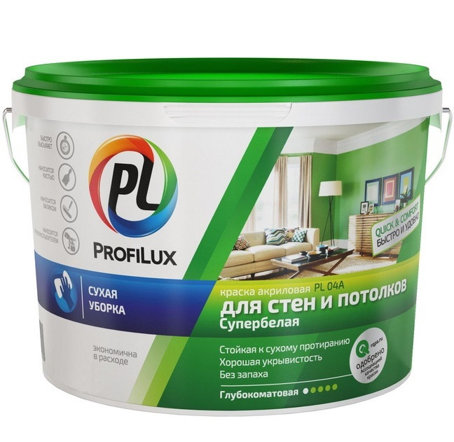 Краска акриловая Profilux PL- 04А для стен и потолков глубокоматовая белая 1,4 кг